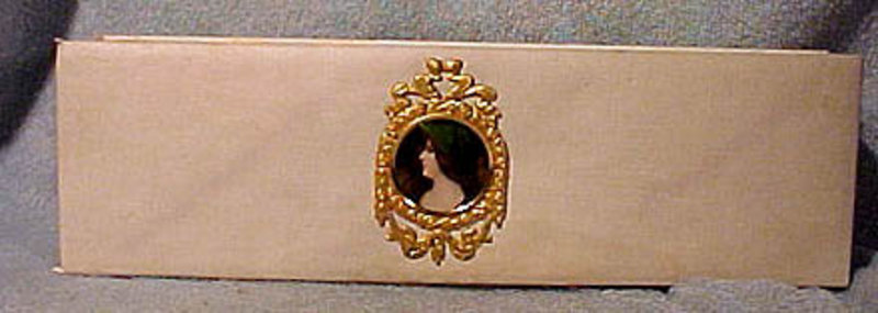 LINEN FINISH GLOVE BOX w/ GILT METAL CELLULOID PORTRAIT