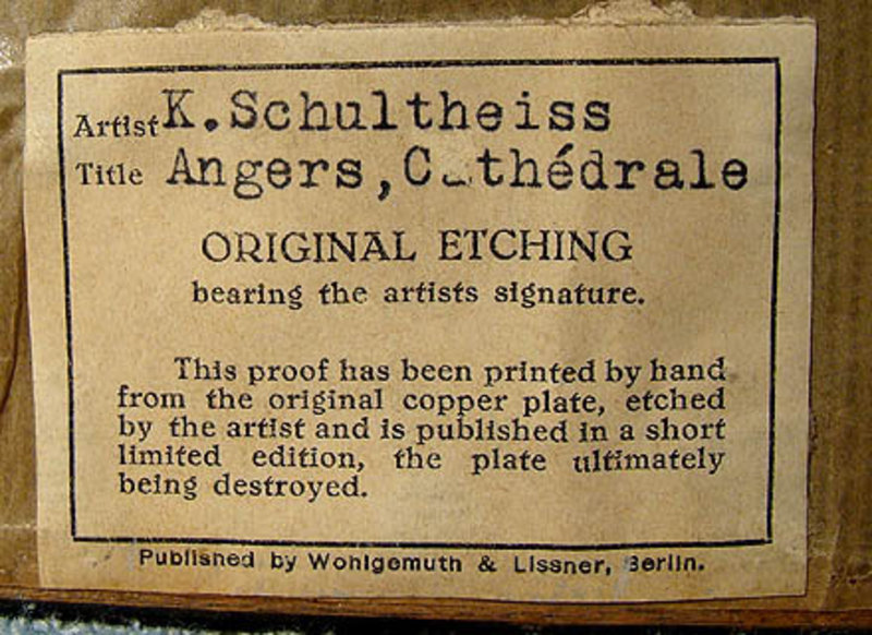 KARL (CARL) SCHULTHEISS NUMBERED ETCHING pre 1931