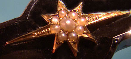 14K Victorian ONYX &amp; SEED PEARL MOURNING BROOCH c1875