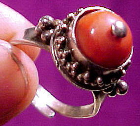 Mongolian Solid SILVER & CORAL RING Beaded Design Adjustable