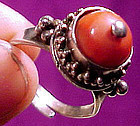 Mongolian Solid SILVER & CORAL RING Beaded Design Adjustable