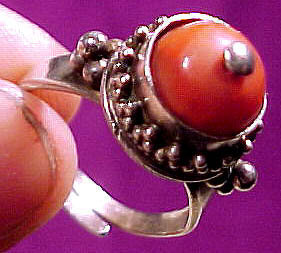 Mongolian Solid SILVER &amp; CORAL RING Beaded Design Adjustable