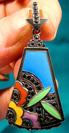 ART DECO STERLING Silver ENAMEL MARCASITES PENDANT 1930