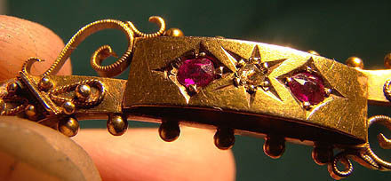 Antique 15K Edwardian Ruby Spinels and Diamond Pin 1906