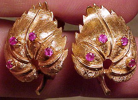 10K ROSE GOLD LEAF EARRINGS with RUBIES 1950s