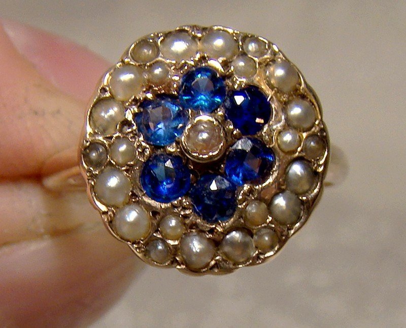 10K Iolites Seed Pearls Ring 1880s Victorian Flower Circle Size 4