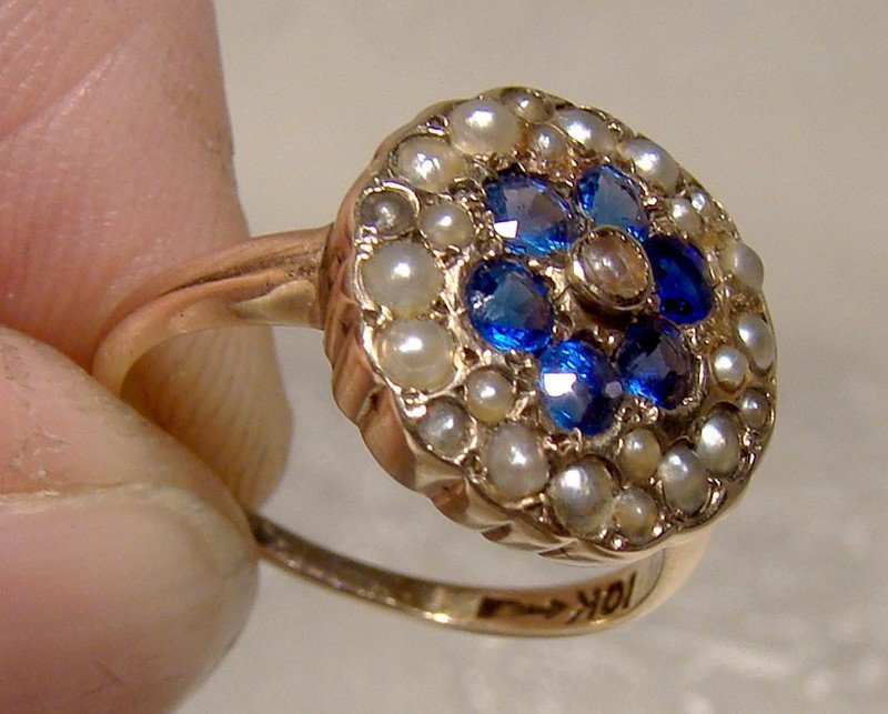 10K Iolites Seed Pearls Ring 1880s Victorian Flower Circle Size 4