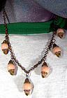 BRASS & ROSE CORAL CELLULOID DANGLE NECKLACE 1930s