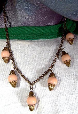 BRASS &amp; ROSE CORAL CELLULOID DANGLE NECKLACE 1930s