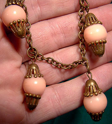 BRASS &amp; ROSE CORAL CELLULOID DANGLE NECKLACE 1930s