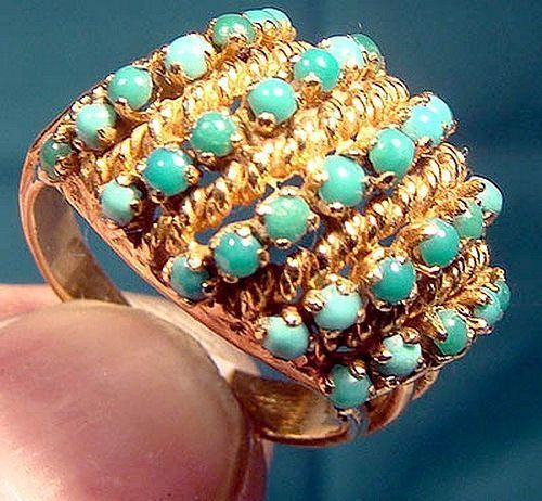 18K Turquoise 5 Rows Rope Ring 1960s 18 K Hand Made Size 6