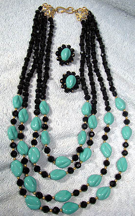 1950s TURQUOISE &amp; BLACK GLASS NECKLACE &amp; EARRINGS