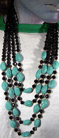 1950s TURQUOISE &amp; BLACK GLASS NECKLACE &amp; EARRINGS