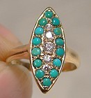 Victorian 12K Gold Turquoise & Diamonds Ring 1890 1900 12 K Antique