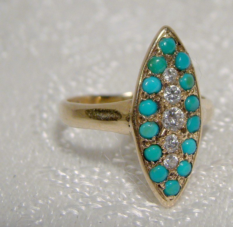 Victorian 12K Gold Turquoise &amp; Diamonds Ring 1890 1900 12 K Antique
