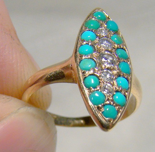 Victorian 12K Gold Turquoise &amp; Diamonds Ring 1890 1900 12 K Antique