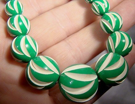 FRENCH CARVED GALALITH NECKLACE 1930s Green White NOS
