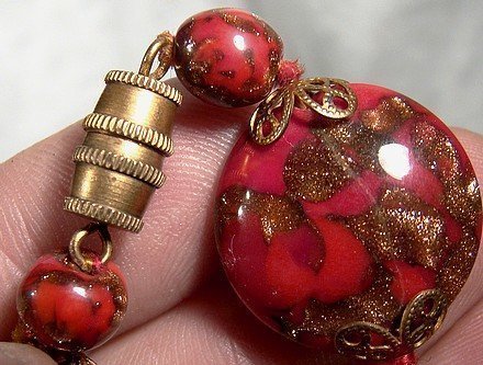 RED &amp; GOLD MURANO GLASS Disc NECKLACE - NOS 1930s -1950