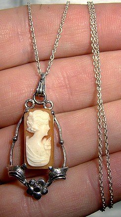 Vintage STERLING CAMEO PENDANT on CHAIN 1930s