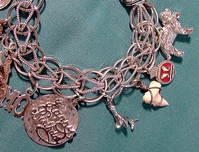 STERLING DOUBLE LINK CHARM BRACELET with 16 CHARMS