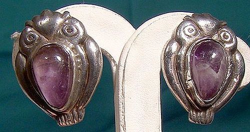 1930s Pair MEXICAN STERLING SILVER & AMETHYST OWL EARRINGS