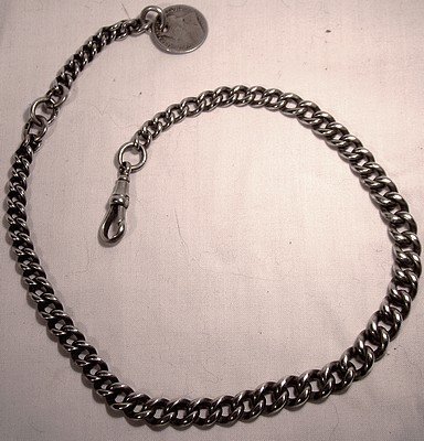 English STERLING SILVER WATCH CHAIN THREEPENCE COIN FOB 1897 1901