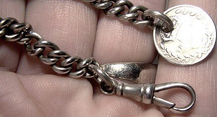 English STERLING SILVER WATCH CHAIN THREEPENCE COIN FOB 1897 1901