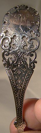 Ornate Hand Engraved English STERLING PIERCED SIFTER SPOON 1893