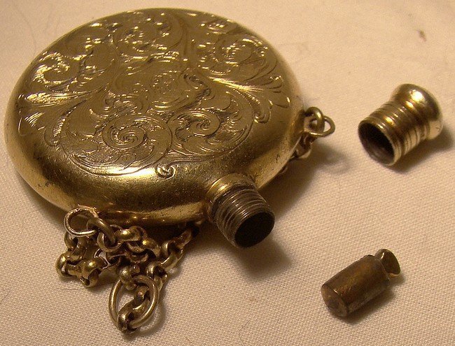 19thC GILT STERLING ENGRAVED CHATELAINE PERFUME FLASK