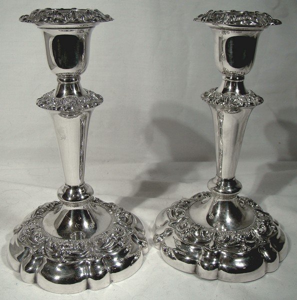 Pair ELLIS-BARKER Silver Plate 7&quot; CANDLESTICKS with BOBECHES 1910