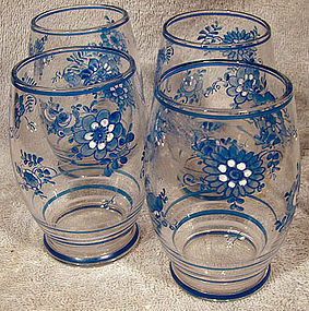 4 Czech HAND PAINTED Blue FLOWER GLASSES 1920 Tumblers