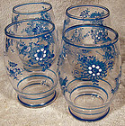 4 Czech HAND PAINTED Blue FLOWER GLASSES 1920 Tumblers