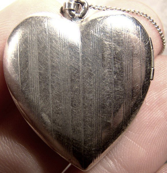 Engraved STERLING HEART PHOTO LOCKET on CHAIN c1930s