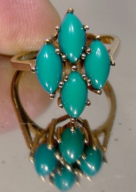 10K Turquoise Cabochons Ring 1960s Size 6-1/4 Genuine Gem