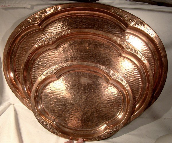 Set of 3 HAND HAMMERED REPOUSSE COPPER TRAYS 1900