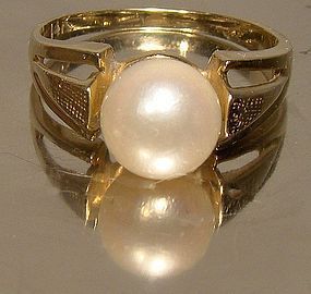 14K LARGE SINGLE PEARL RING 1960s Size 6-1/4