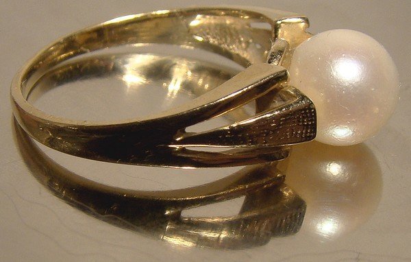 14K LARGE SINGLE PEARL RING 1960s Size 6-1/4