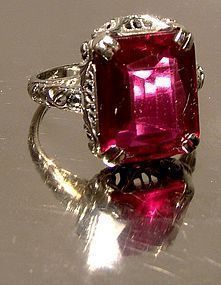 14K Art Deco White Gold Filigree Synthetic Ruby Ring 1920s Size 4-1/2