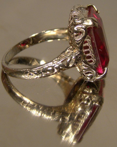 14K Art Deco White Gold Filigree Synthetic Ruby Ring 1920s Size 4-1/2