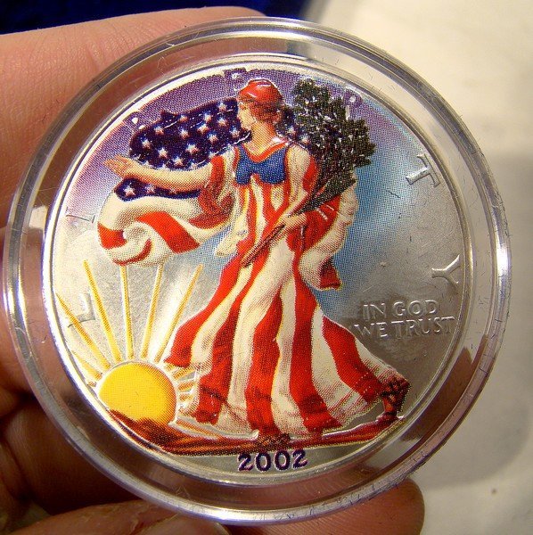 2002 AMERICAN EAGLE PAINTED .999 SILVER COIN IN CASE