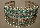 Zuni Sterling Silver Turquoise Double Row Cuff Bangle Bracelet 1960s