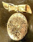Hand Engraved GF PHOTO LOCKET on BOW PIN c1920s-30s