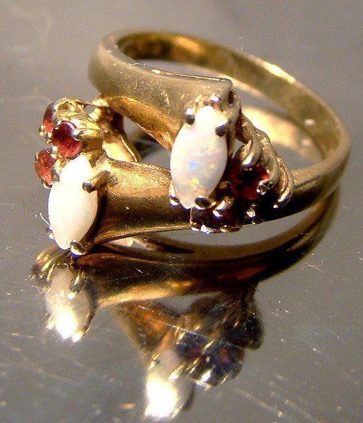 10K Marquise OPALS and GARNETS Cross Over RING 1950s