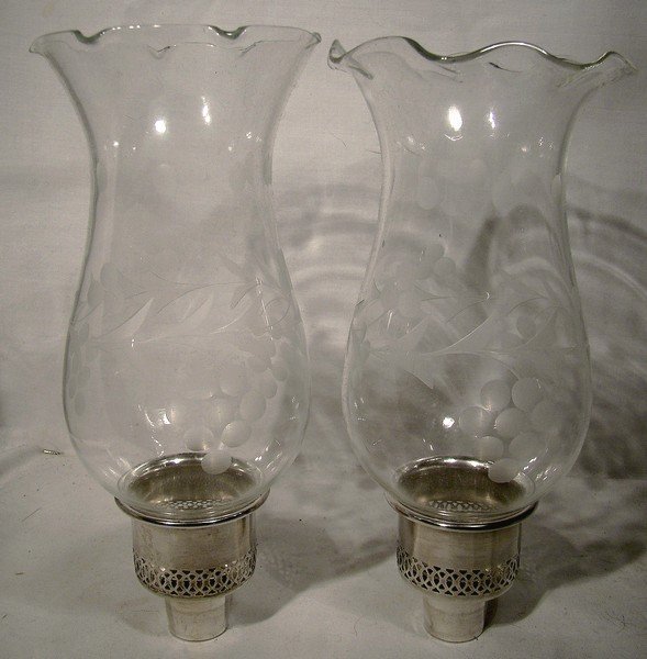 Pair STERLING &amp; ETCHED GLASS HURRICANE CANDLE INSERTS