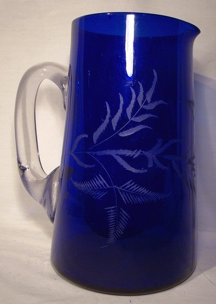 Victorian COBALT GLASS HAND ETCHED WATER PITCHER