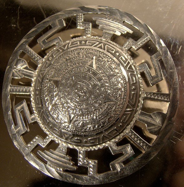 Large MEXICAN STERLING MAYAN CALENDAR PIN c1950s