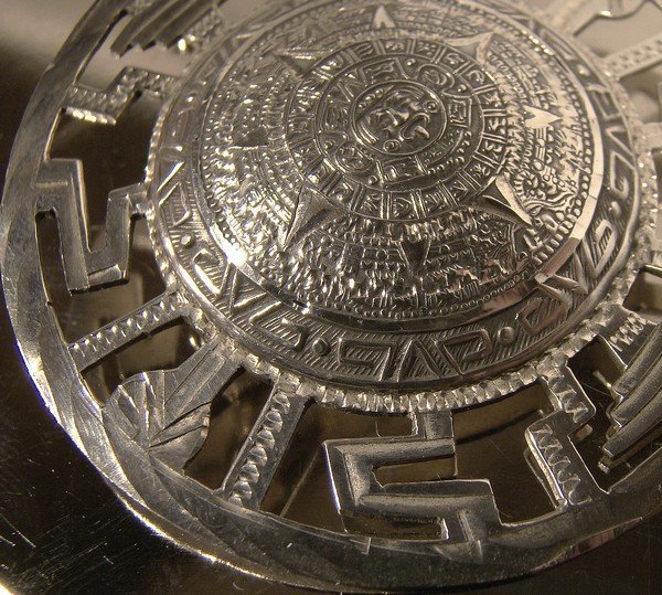 Large MEXICAN STERLING MAYAN CALENDAR PIN c1950s