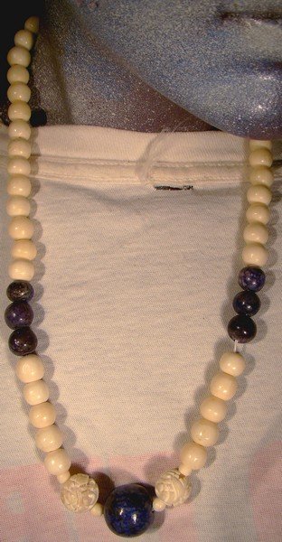 CARVED SODALITE and CARVED BONE BEAD NECKLACE c1930-50