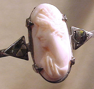 Edwardian Pink CORAL CAMEO STERLING MARCASITE PIN 1900