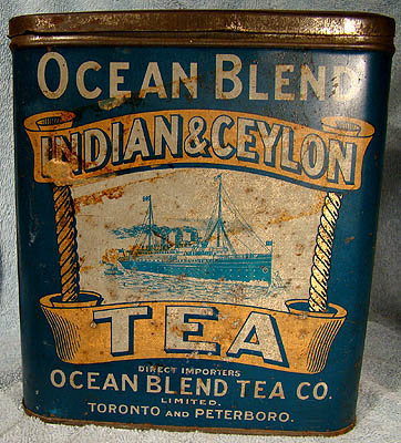 Unusual BLUE OCEAN BLEND TEA TIN c1900
